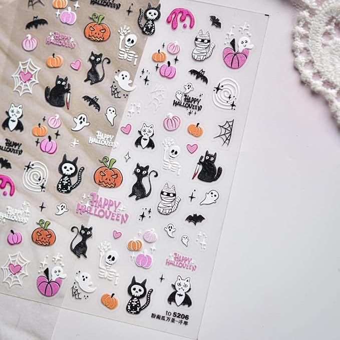 Black Cat Ghost Nail Stickers Halloween Nail Decals 2PCS 5D Pumpkins Spider Web Ghosts Nail Design Supplies Sliders Embossed Holiday Charms Manicure Accessories Halloween Nail Art Stickers for Women