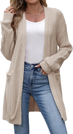 VIMPUNEC Womens Fall Long Cardigan Sweaters Cable Knit Jackets Open Front Outwear Coats with Pockets - Medium