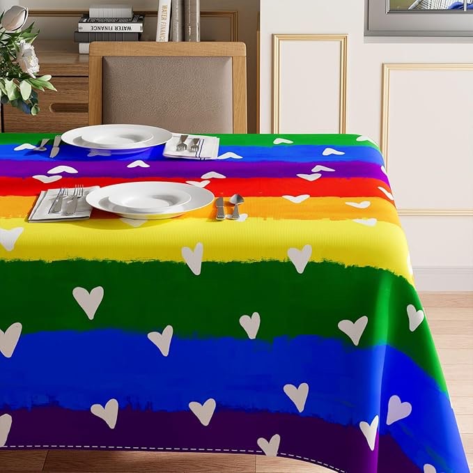 XCHI Watercolor Rainbow Love Heart LGBTQ Tablecloth Round Pride Day Inclusion Lesbian Gay Bisexual Transgender Queer Homosexual Equality for Indoor Outdoor Home Party Decorations 60x60 Inch