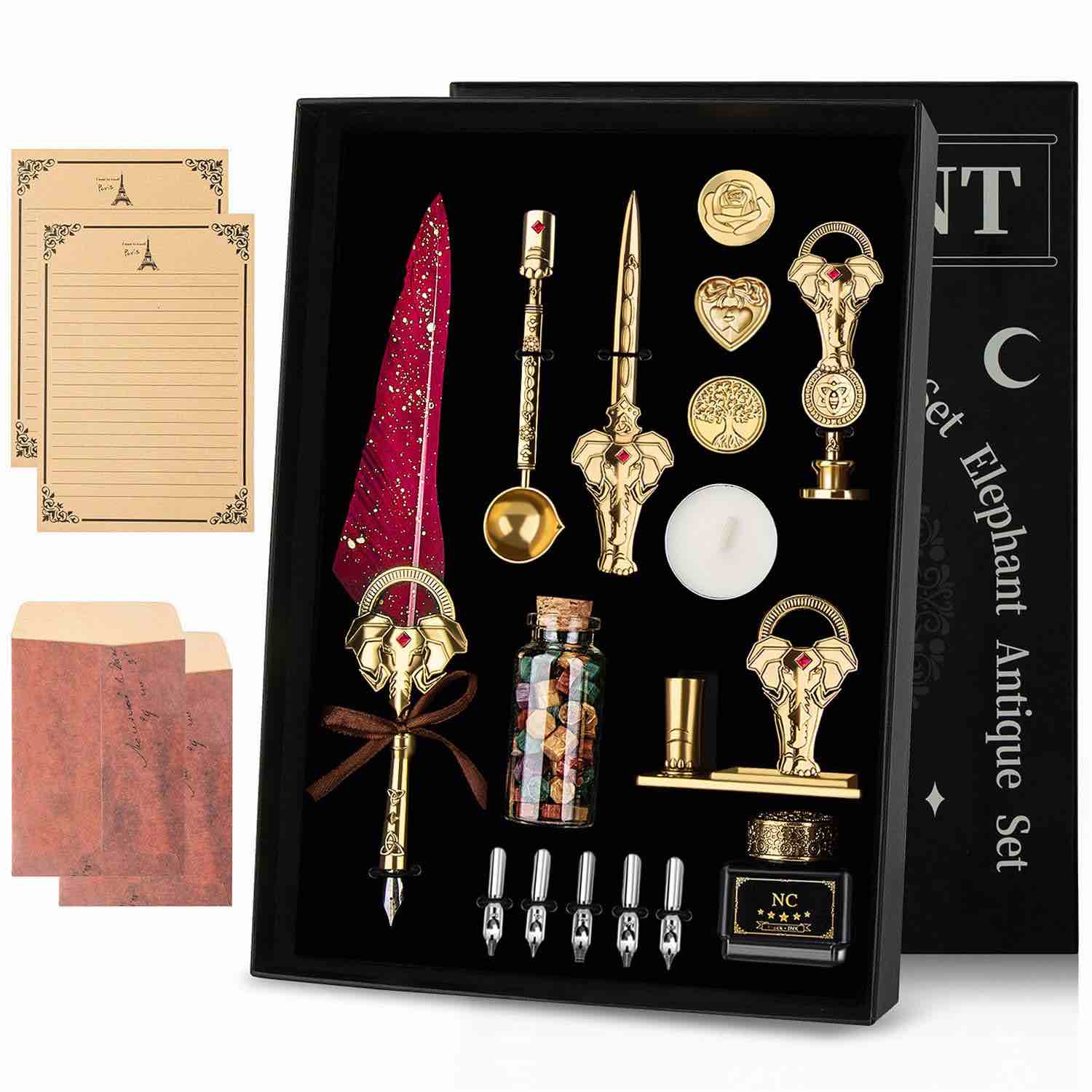 NC Quill Pen and Ink, Feather Dip Pen, Calligraphy Set, Valentine's Day Gift, Holiday Ideal (Red)