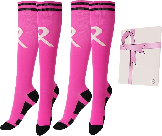 FLPYARD 2 Pairs Breast Cancer Awareness Socks,Pink Ribbon Knee High Compression Socks for Softball S