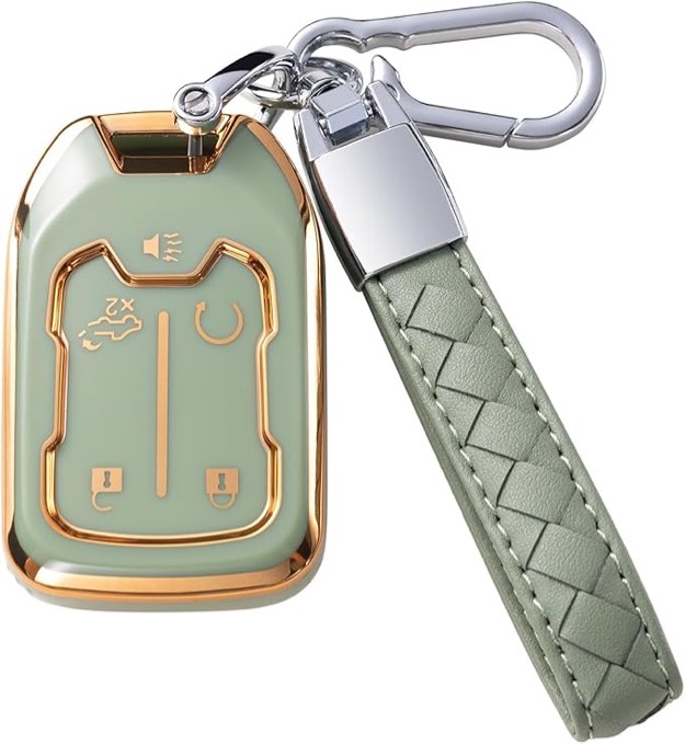CHEZENHUI for GMC Key Fob Cover with Leather Lanyard, Car Key Case Shell Protection for GMC Sierra,