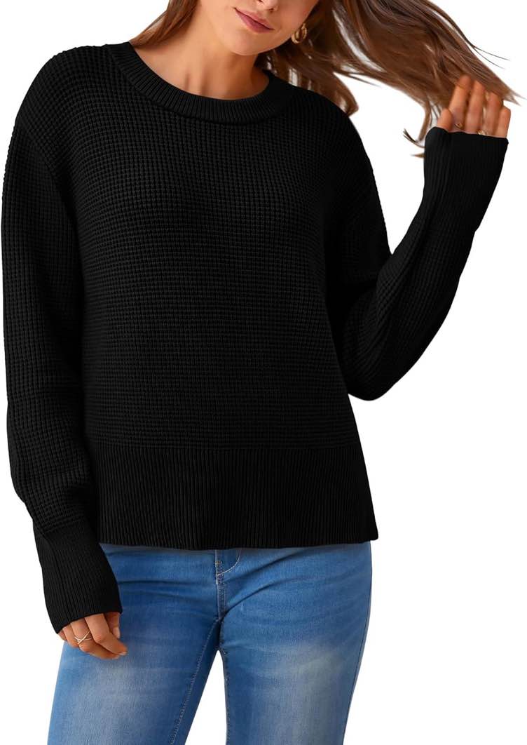 (Large) BTFBM Casual Women Fall Sweater 2024 Long Sleeve Ribbed Knit Pullover Loose Crewneck Split Cozy Sweater