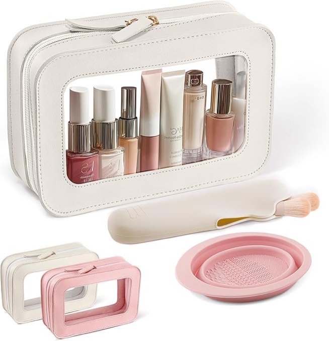Vcarsian Travel Clear Makeup Bag with Makeup Brush Bag and Makeup Brush Cleaner Bowls?Clear Cosmetic