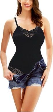 (Size M) H&ZVIITA Women's Tummy Control Shapewear Bodysuit Lace V-Neck Sleeveless Thong with Adjustable Straps & Ribbed Design