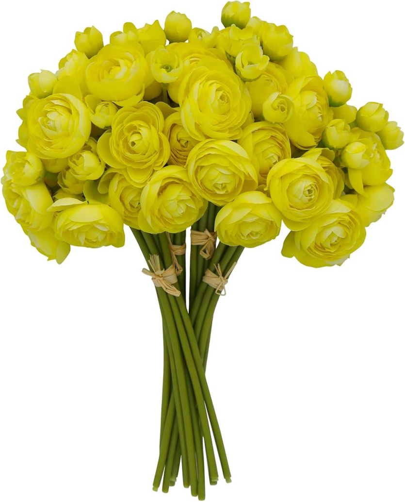 VIKINGS PANDA 24 Pcs Ranunculus Yellow Artificial Flowers 10.5", Mini Faux Silk Ranunculus with Stem, Fake Flowers for Home Decor Indoor Wedding Bouquets Centerpieces (Light Yellow)