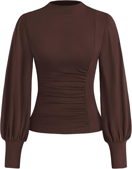 (Small) KIRUNDO Blouses for Women Dressy Casual Puff Long Sleeve Shirts Fitted Mock Neck Ruched Trendy Tops 2025 Early Fall Fashion