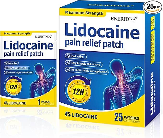 ENERIDEA 4% Lidocaine Patches, 25 Count Maximum Strength Pain Relief Patch for Muscle Relief in Neck Knee Back and Shoulders, 12 Hour Long Lasting Relief Pains (25 Count)