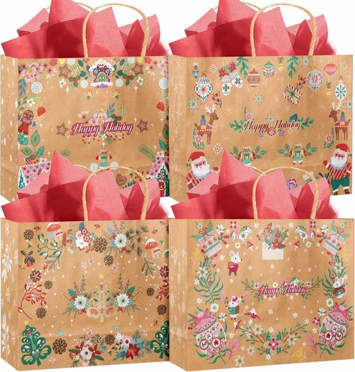 qiqee 48Pcs Christmas Paper Gift Bags with Handles Wide Large Size, decorated Pine Cone Design (8.7"×10.6"×4.3")
