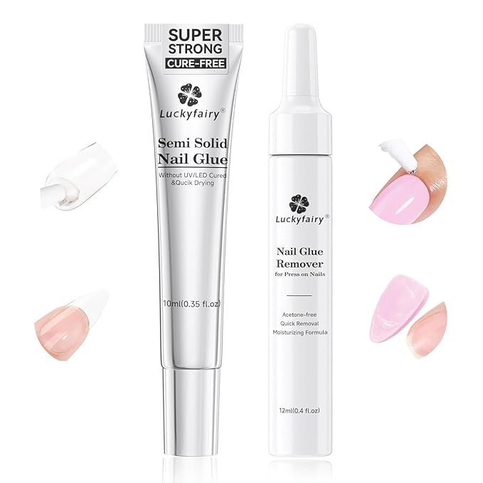 Luckyfairy Super Strong Nail Glue for Press Ons: 10g Gel Nail Glue with 12ml Glue Remover, Quick Drying, No Lamp Needed, Long Lasting for Fake Nail Tips