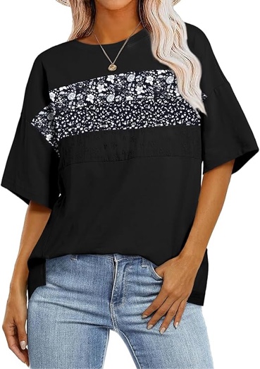 EVALESS Oversized Tshirts for Women Trendy Summer Crochet Tops 2025 Crewneck Short Sleeve Shirts Floral Print Tee T Shirts - Medium