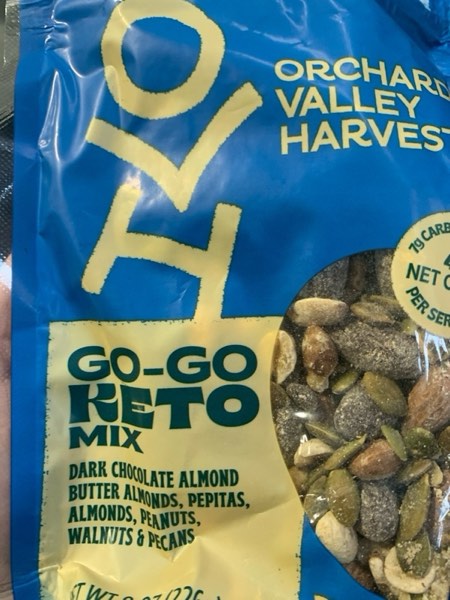 Condition photo showing Good Condition for Orchard Valley Harvest Go Go Keto Mix, 8 oz (Pack of 1) — Dark Chocolate Almond Butter Almonds, Pepitas, Almonds, Peanuts, Walnuts, and Pecans. Low Carb, Gluten Free, Non GMO, On The Go Snack (BEST BY: 10/22/25)