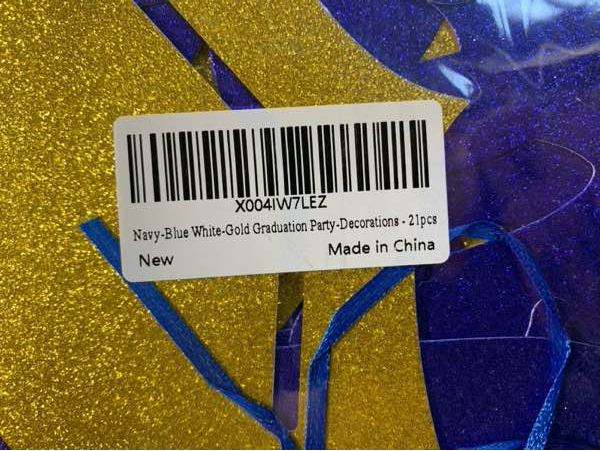 Condition photo showing New/Like New for 2025 Congrats Graduation Party Decorations Banner Streamers — 21 Pieces Navy Blue White Gold Grad Backdrop Decor, Tassel Garland, Tissue Pom Poms Honeycomb, Paper Lantern Fans 