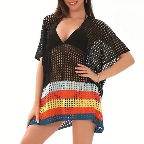 Women's Beach Cover Up, Crochet Mesh V-Neck, Colorblock Striped Summer Swimsuit Cover Orange