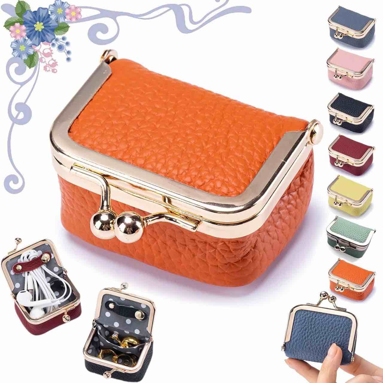 Genuine Leather Mini Jewelry Box, Portable Vintage-Inspired Genuine Leather Coin Purse Jewelry Case with Kiss Lock, Mini Travel Ring Box for Women for Earring/Ring/Necklace/Bracelet