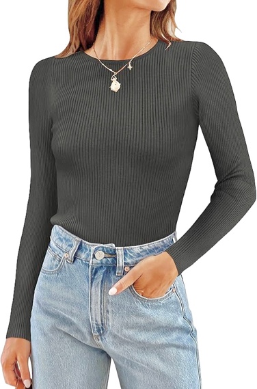 (Size L) ZESICA Women's Long Sleeve Crewneck Shirts Spring Knit Slim Fitted Casual Basic Tee Sweater Tops