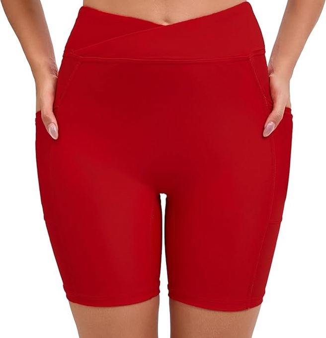 (Medium) JOYBIK Women's 7" Cross High Waisted Swim Board Shorts with Pockets Swimsuit Bottoms Quick Dry Boyshorts Red M