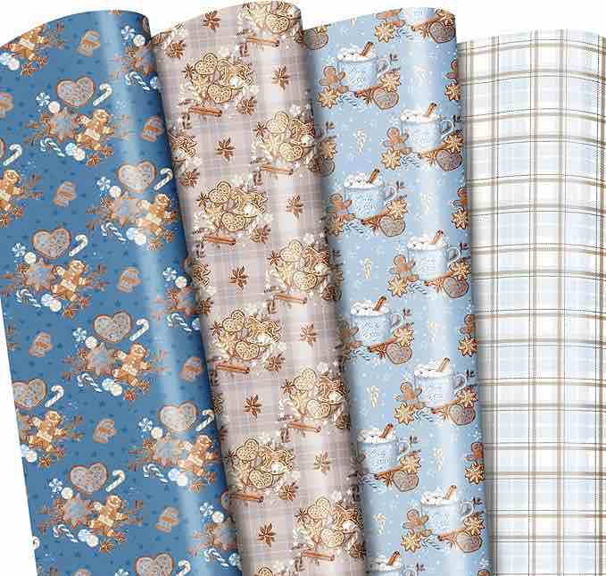 FIEHALA Flat Christmas Wrapping Paper Sheets - 12 Sheets with 4 Black Gold Patterns - Pre cut & Fold