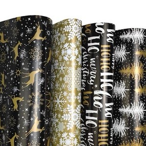 FIEHALA Flat Christmas Wrapping Paper Sheets - 12 Sheets with 4 Black Gold Patterns - Pre cut & Fold