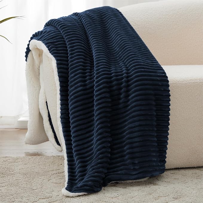 Kozyhvn Sherpa Twin Blanket for Bed - Soft Cozy Fleece, Warm for Winter, Reversible for Sofa, Navy, 