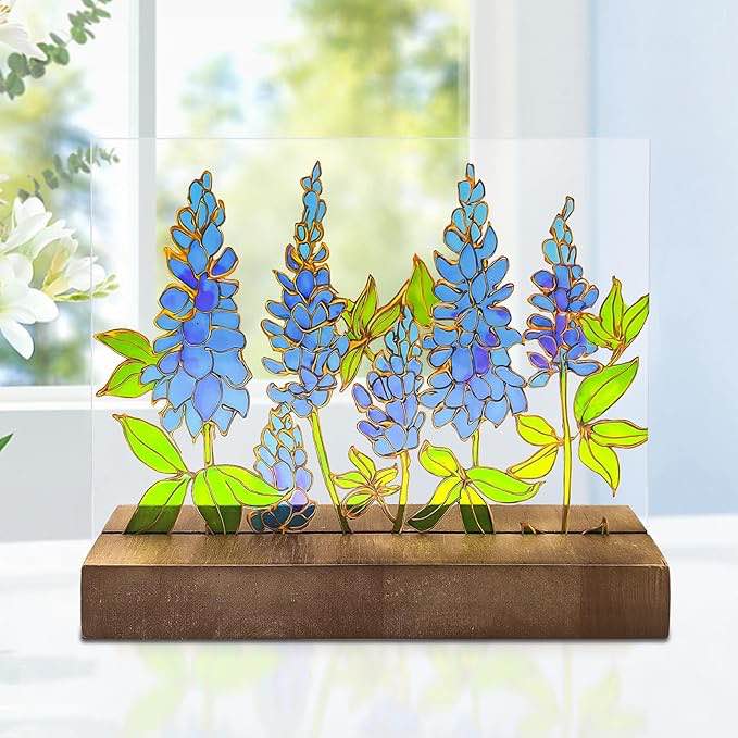 Texas Bluebonnet Decor Stained Glass Suncatcher Bluebonnet Gifts Hand Painted Texas State Flower Window Decor Texas Gifts for Women Blue Bonnet Home Decoration Texas Souvenirs Gifts for Housewarming