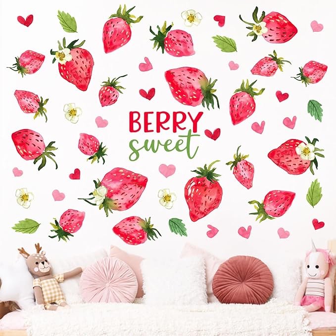 Mfault Spring Summer Strawberry Window Clings 4 Sheets, Berry Sweet Fruit Love Heart Stickers Decals Decorations, Seasonal Home Kitchen Bedroom Bathroom Living Room Decor