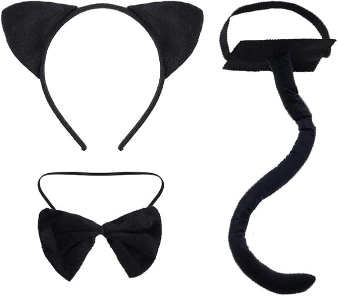 opdypcs 3 Pieces Black Cat Costume Set Cat Ears Headband Bow-tie and Tail Animal Fancy Halloween Par