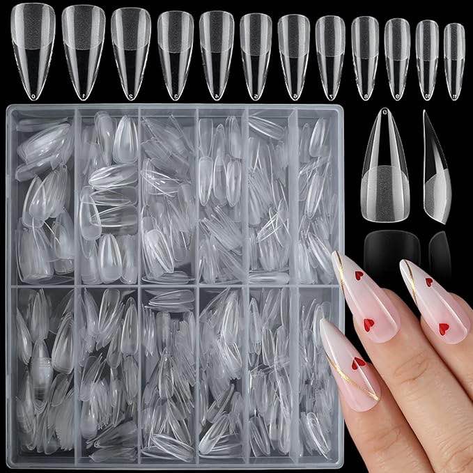 LoveOurHome Stiletto Fake Nail Tips Acrylic Kit 600pc Medium Clear Gel Tip Full Cover Artificial Fin