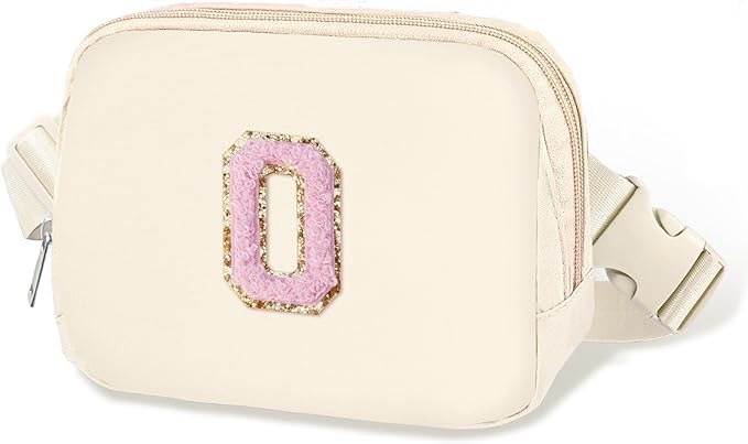 Fanny Pack with Pink Chenille Initial (Letter O, White)