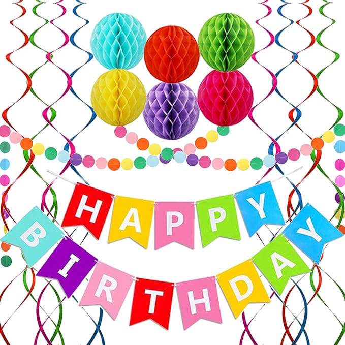 Happy Birthday Banner, Rainbow Happy Birthday Party Decorations with 6 Colorful Circle Parper Garland