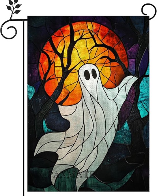 Stained Glass Halloween Ghost Fall Garden Flag 12x18 Inch Double Sided, Spooky Autumn Burlap Yard Flag Fall Flags for Outside Holiday Decoration