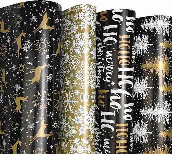 FIEHALA Flat Christmas Wrapping Paper Sheets - 12 Sheets with 4 Black Gold Patterns - Pre cut & Fold