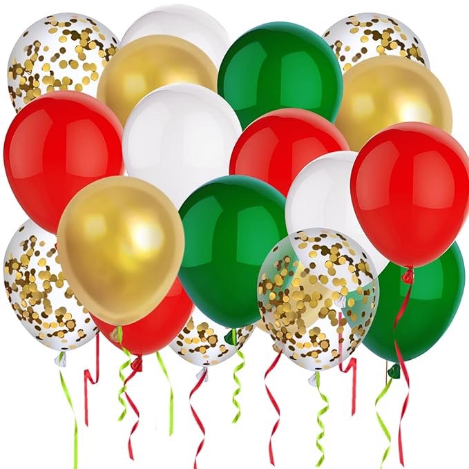 PheiLa 50 Pcs 12 Inch Christmas Balloons Red Green White Gold Confetti Balloons Christmas Party Decoration Supplies for Xmas Birthday Baby Shower Wedding New Year Party Decorations