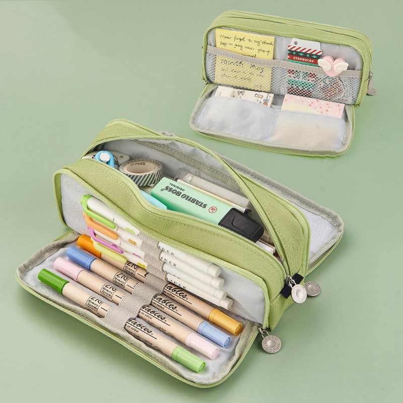 SeBeLi Pen Case Large Capacity 3 Compartments Canvas Makeup Cosmetic Pouch for Women Adults Study Office Organizer (Lt. Green)