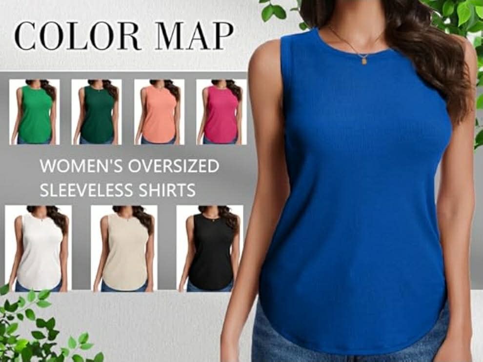 (Green) Women Loose Fit Sleeveless V Neck Rib Knit Tank Top Basic Tee Tops 2025 Casual T-Shirt Going Out Workout Outfits Crewneck