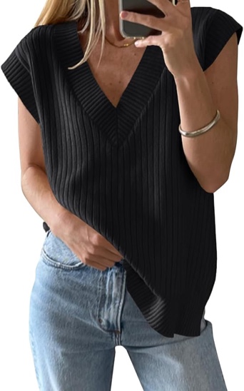(Small) ZDC Women's V Neck Sweater Vest Oversized Sleeveles Casual Tank Tops Ribbed Knit Loose Fit Pullover Black