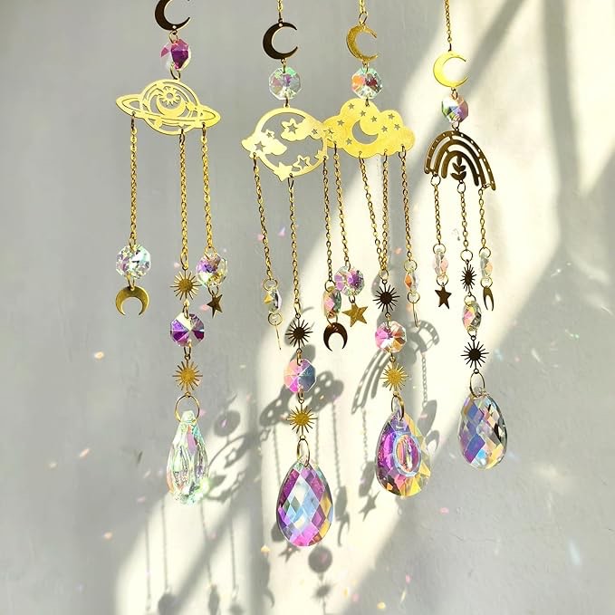 Yabbcky 4 Pieces Crystals Suncatcher, Colorful Sun Catcher Hanging for Window, Rainbow Maker Suncatchers with Crystals Beads for Home Garden Party Wedding Decoration