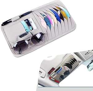 Sephile Car Sunvisor Organizer, Multi-Pocket CD Sunglasses Pen Card Storage Bag, Leather Anti-Scratch Protective Bag with Elastic Bands Installation, Universal for Most Cars Trucks (Gray)