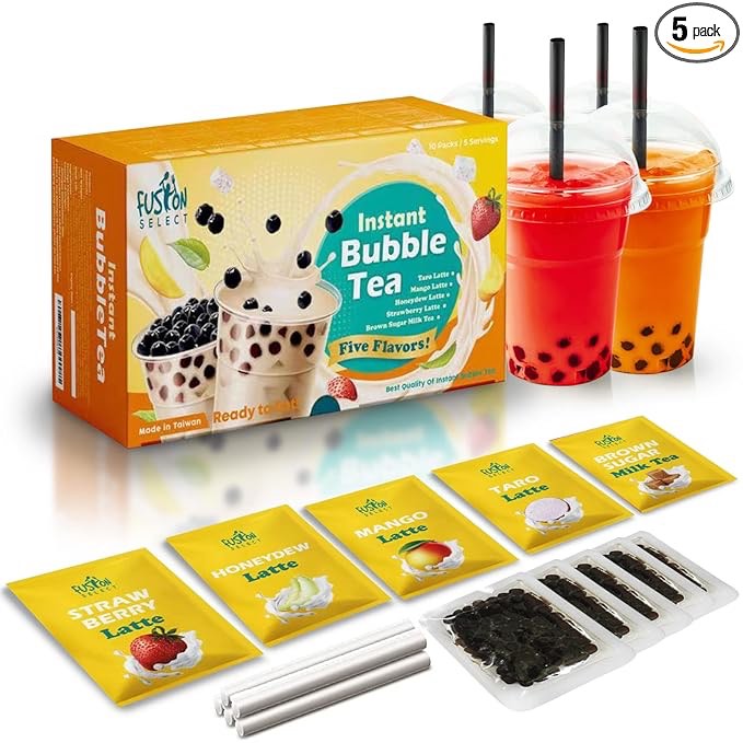 Fusion Select Authentic Bubble Tea Kit Extra Rich (5 Packs) Bubble Tea Drink, Boba Tapioca Pearl, Straws, Popular Bubble Tea Flavors (10 Flavors)