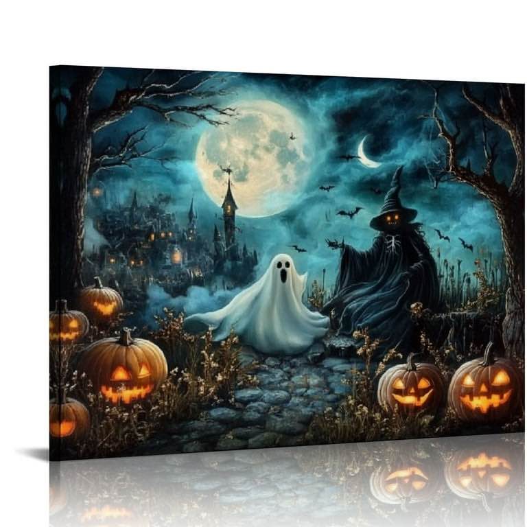 Auscioalld 4 Pcs Halloween Wall Art Strange Moon Mysterious Witch Jack-O-Lantern Moody Dark Gothic Paintings Scary Pumpkin Lantern Poster Paintings for Wall (8x10in Unframed)
