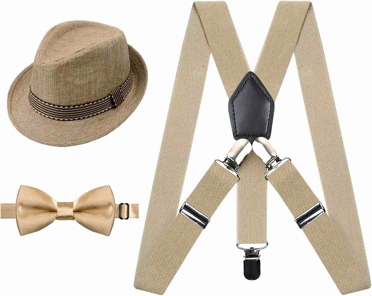 Alizeal Kids Adjustable Suspenders, Pre-tied Bow Tie & Hat Set, dark khaki