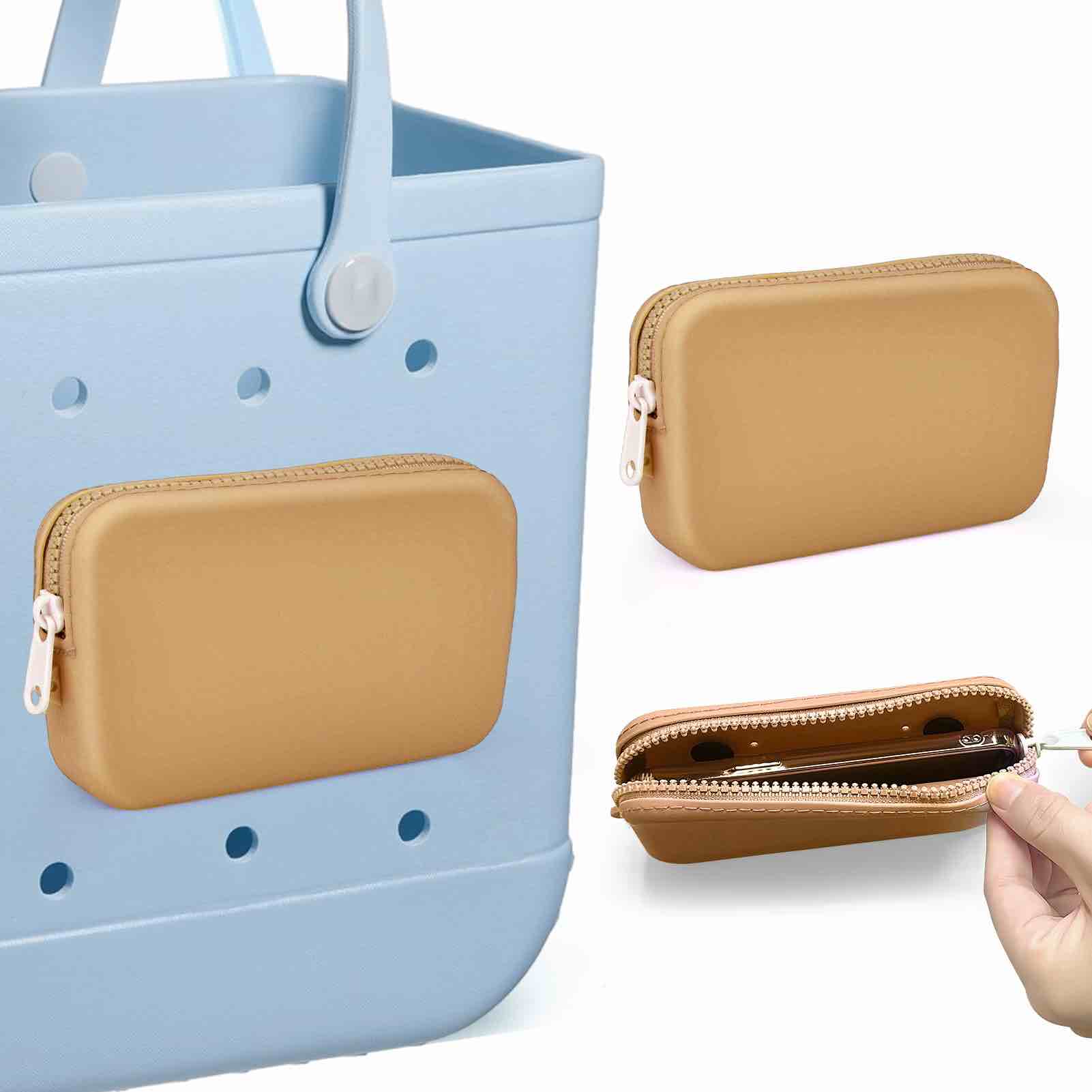 Silicone Phone Holder Bag Compatible with Bogg Bag Accessories and Attachment for Bogg Beach Tote Bags, Generic Size Fits for iPhone and Android Phones (Brown)