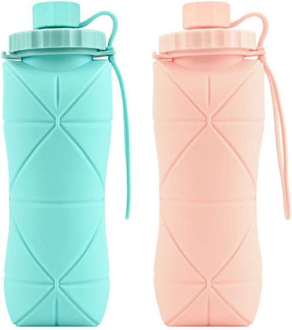 zhuolaiyan Collapsible Water Bottle, Silicone Foldable Water Bottles For Travel, Easy-To-Carry Design And Compact Size, BPA Free, 20 oz (Pink and blue)