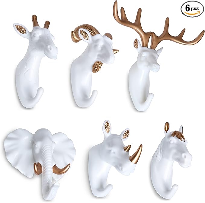 Goetland 6 Pack Creative Antlers Coat Hooks Wall Mounted Single Wall Hanger Modern Decorative Wall Hooks for Hanging Coat Bag Towel Hat Key Animal Wall Hooks for Entryway Bathroom Elephant Rhino Head