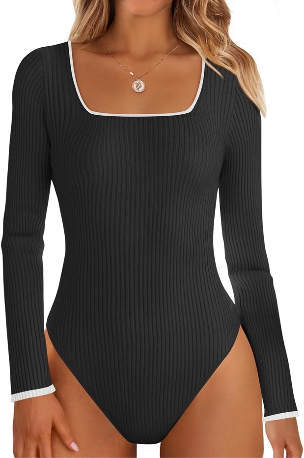 (Large) ZESICA Women's Long Sleeve Square Neck Bodysuits 2024 Fall Ribbed Color Block Slim Fitted Knit Basic Body Suit Tops