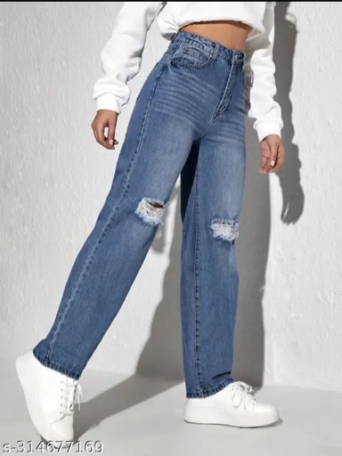 (2X-Large) Women High Ripped Waist Straight Heavy Knee Cut Mid Rise Funky Jeans