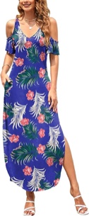 (X-Large) HUSKARY Women's Summer Maxi Dresses V Neck Cold Shoulder Short Sleeve Casual Loose Long Split Dress with Pocket