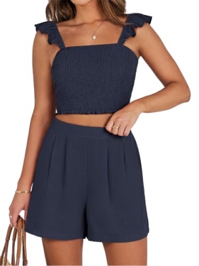 (Size M) ANRABESS Women's 2 Piece Outfits Summer Linen Sets Smocked Crop Tops Matching Shorts Lounge Set 2024 Trendy Vacation Clothes