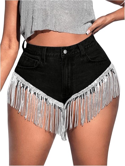 (Size 0XL) BEAUDRM Women's Plus Size High Waist Mini Shorts Party Fringe Hem Denim Shorts Black 0XL