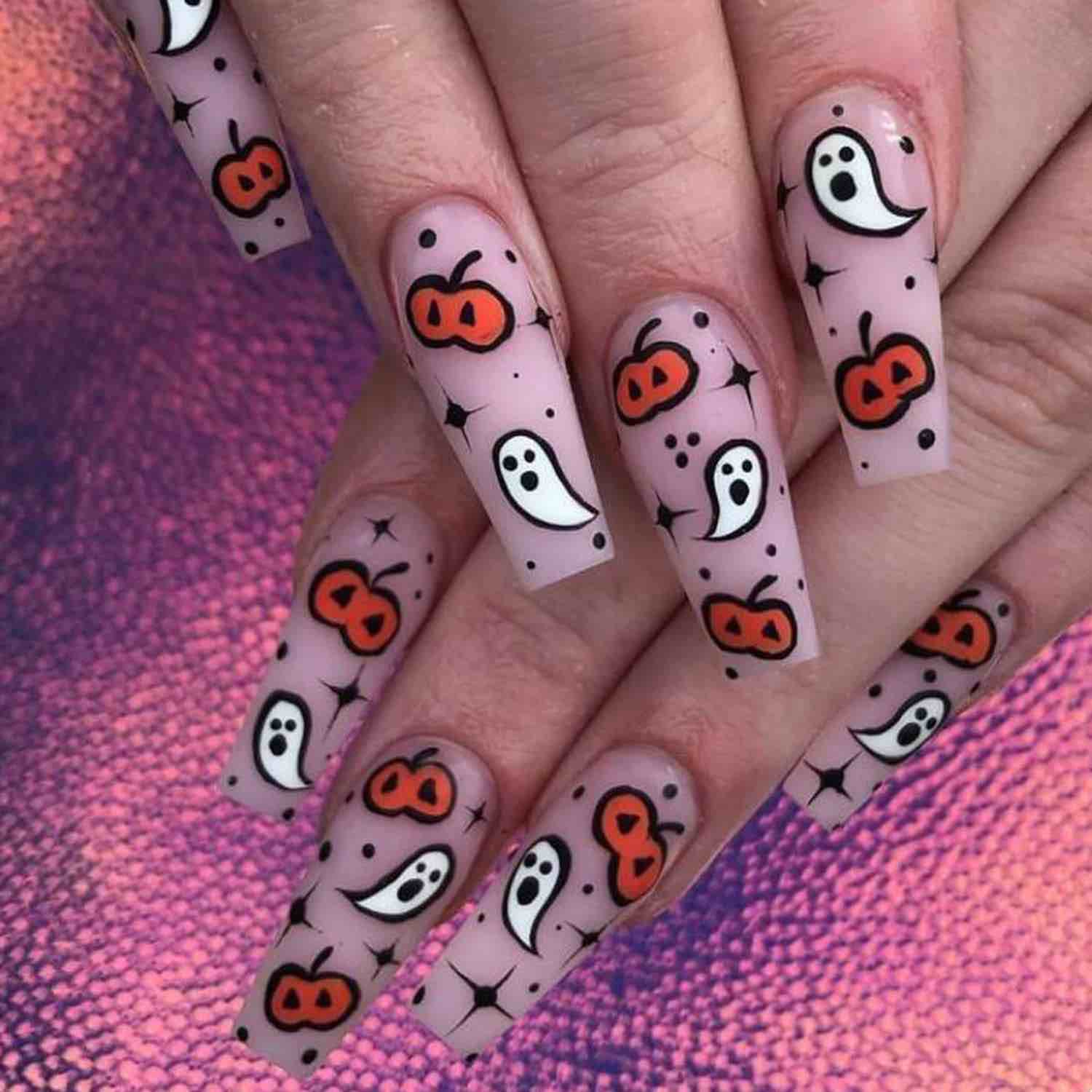 Halloween Press on Nails Medium Coffin Fake Nails Acrylic Press on Nails with Devil Ghost Pumpkin Designs Glossy Nude Pink Full Cover Cute Funny False Nail Tips Glue on Nails for Women and Girls 24PCS